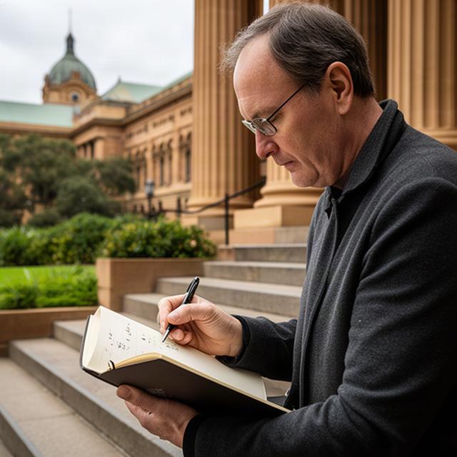 Political columnist taking notes outside Western Australia's Parliament House in Perth
