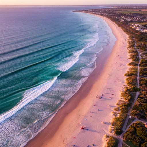 Aerial view of Perth coastline at golden hour with Cottesloe Beach and long evening shadows