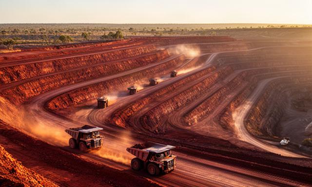 Open-cut iron ore mine in the Pilbara at sunrise with haul trucks on a red earth bench