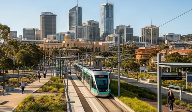 Perth city skyline and Curtin University transport corridor under a bright afternoon sky